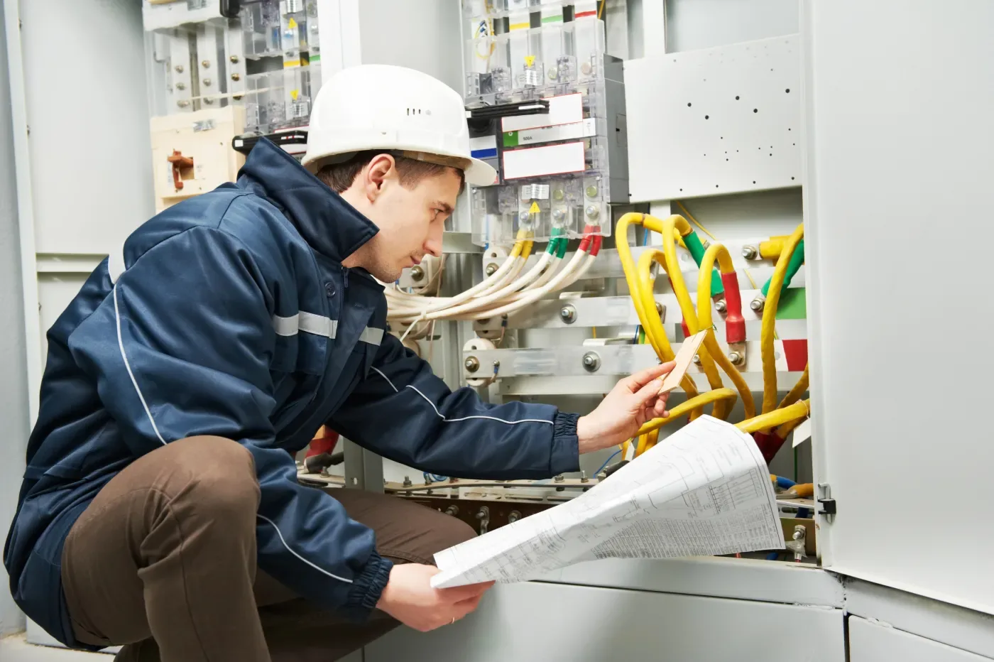 Électricien examinant le schéma d'un tableau électrique à Suresnes (92150)